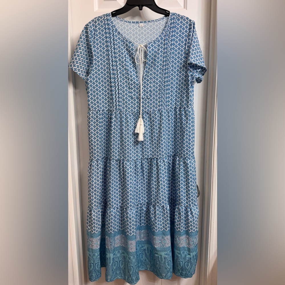 Blue & White Patterned Tiered Dress, Size Large